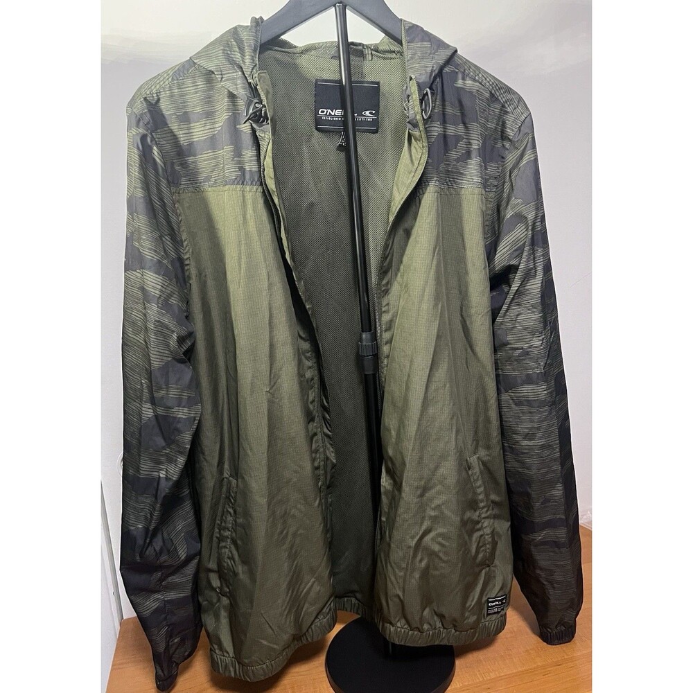 O’Neill Men’s Hooded Windbreaker Jacket Green Camo Lightweight Full Zip Size L